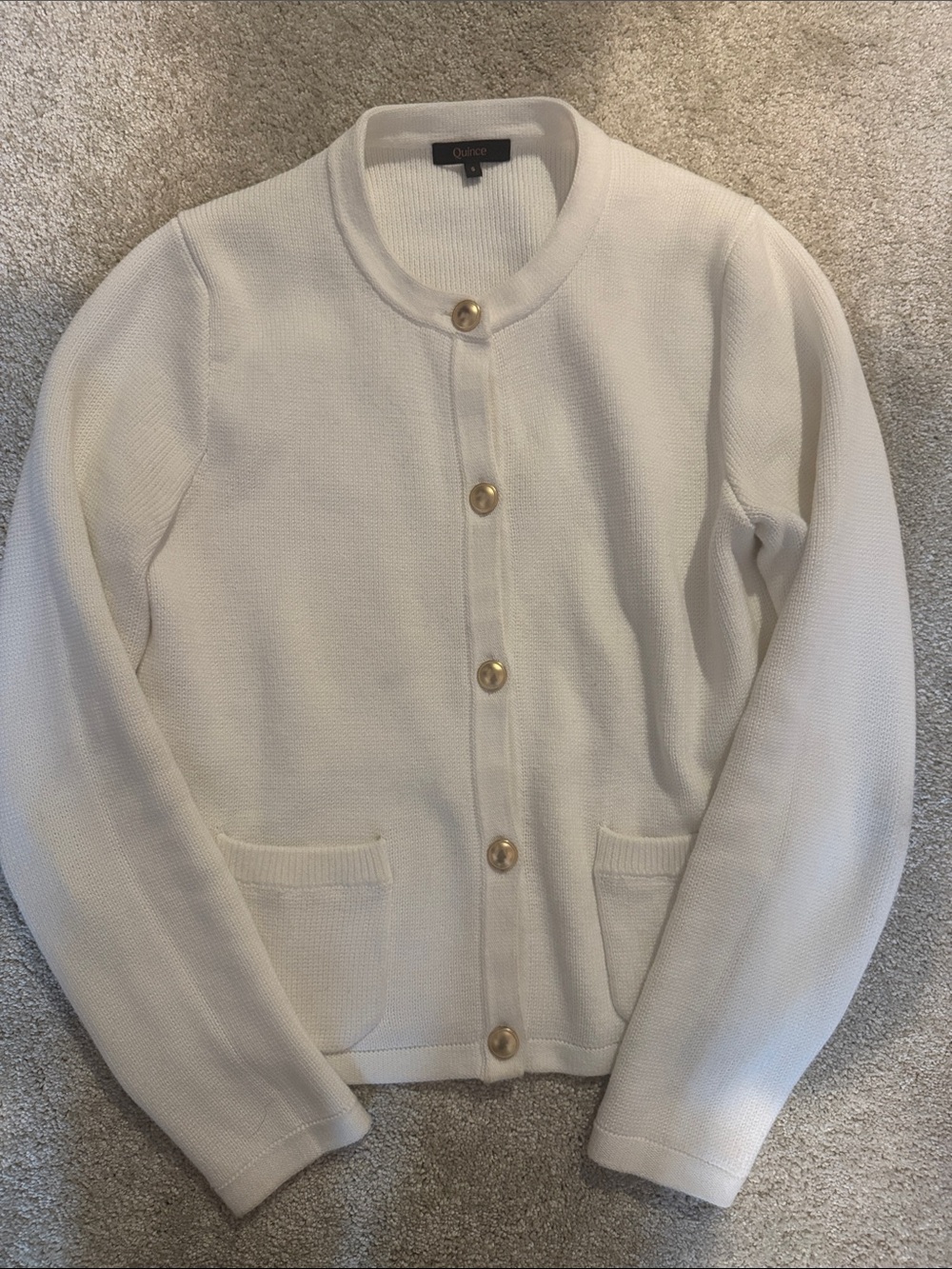 Quince Women's Cream Round-Neck Knit Cardigan with Gold Buttons - Picture 3 of 7